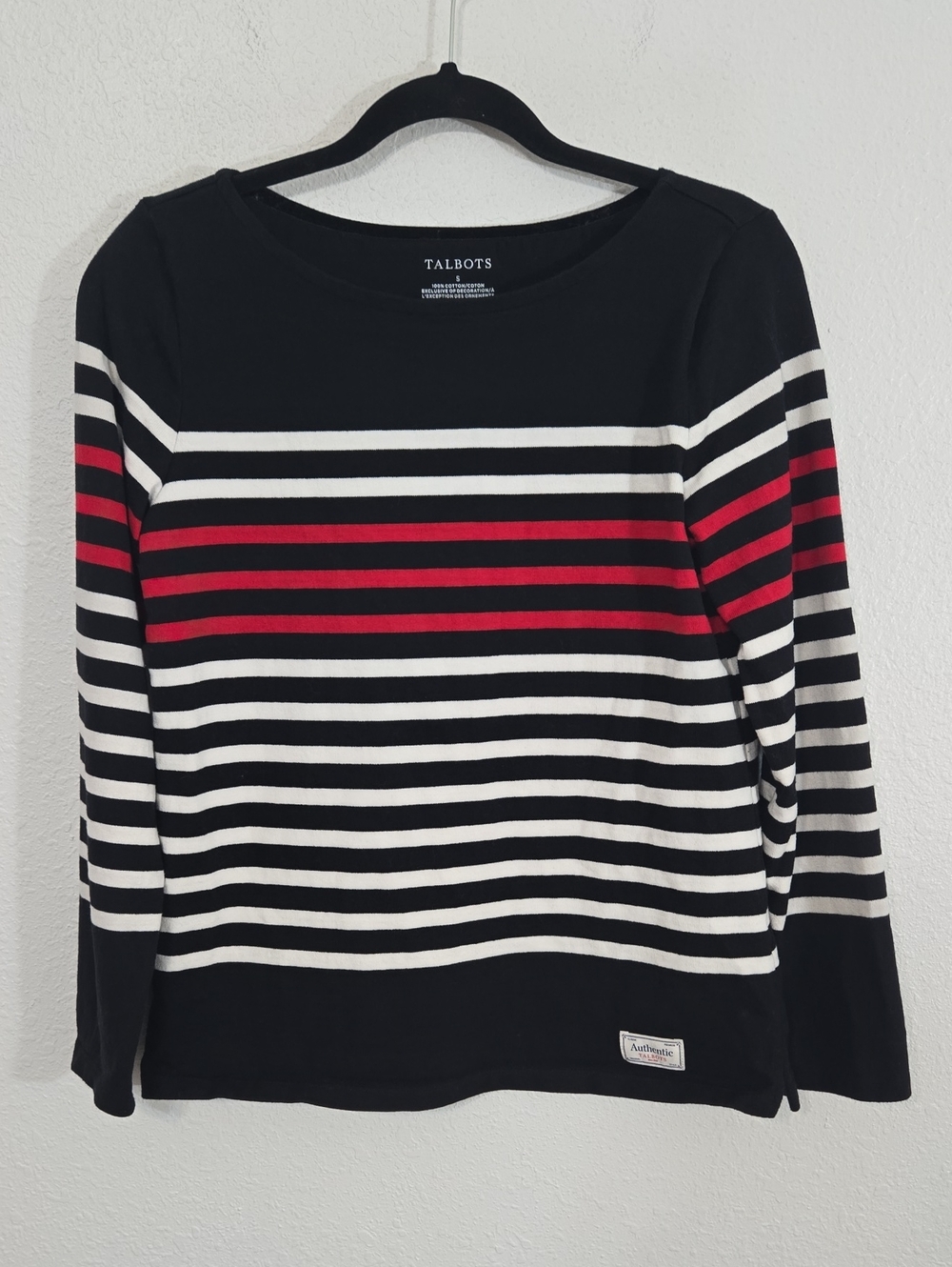 Talbots Black/White/Red Striped Long Sleeve Wonderland Top, size Small